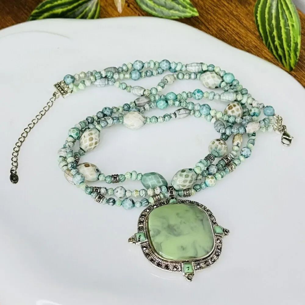 Vintage MONET Aqua Green Faux Stone 3 Strand Beaded Necklace Ornate Pendant 4213